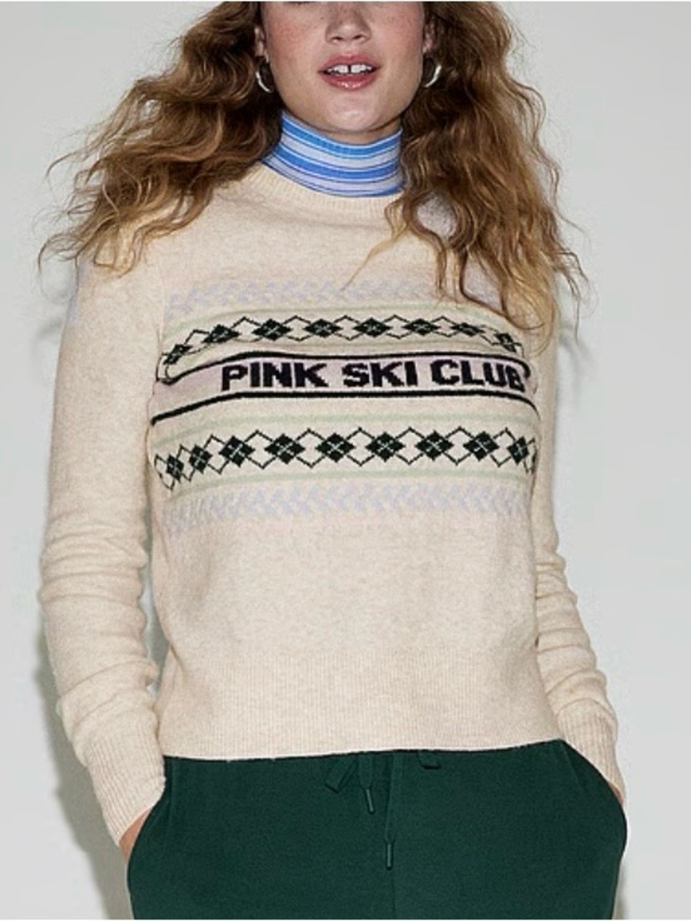 PINK Victoria's Secret Cream Fair Isle 'PINK SKI CLUB' Sweater
